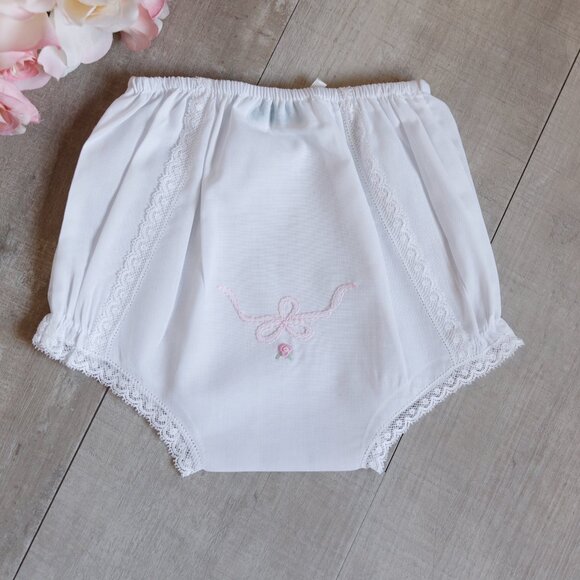 White Dress Feltman Brothers Friedknit Pink Embroidery Special Diaper Cover NWOT - Picture 4 of 9